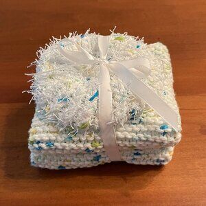 Set of Two Handknit Dishcloths with Matching Scrubby